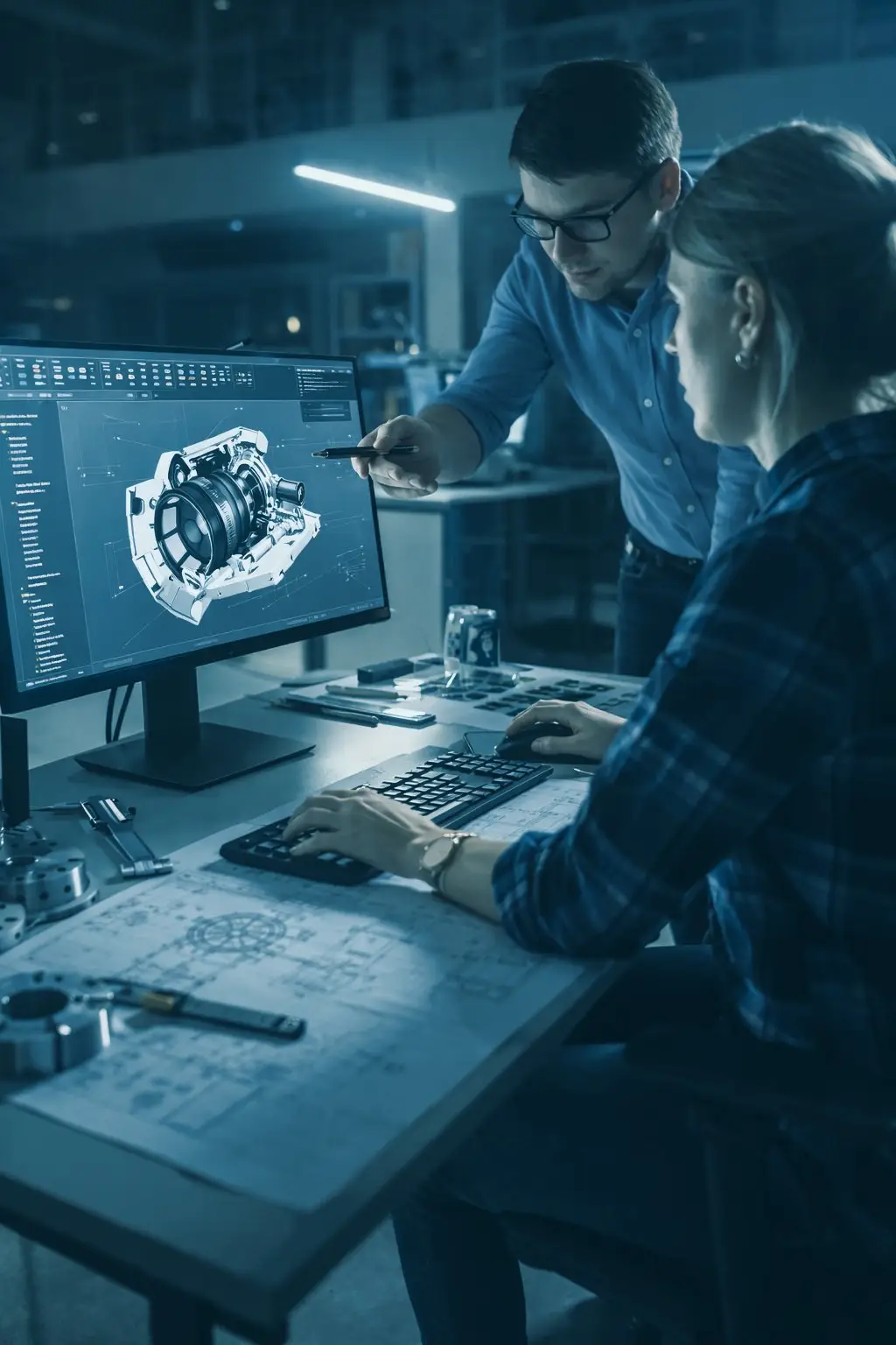 Engineers reviewing a component design on screen